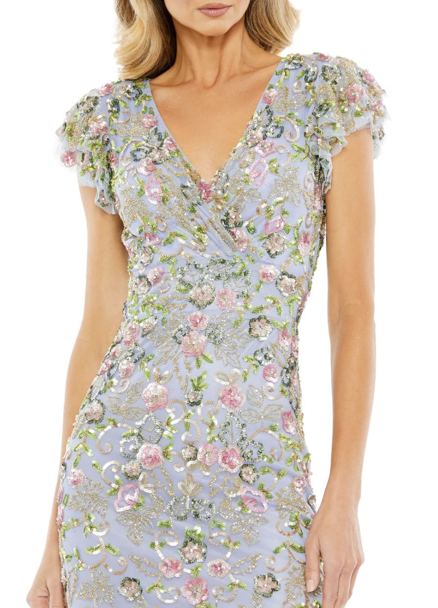 Mac Duggal Floral Embellished Flutter Cap Sleeve Dress