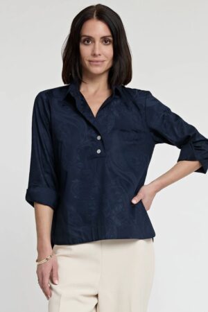 Hinson Wu Aileen 3/4 Sleeve Paisley Jacquard Pattern Top Navy