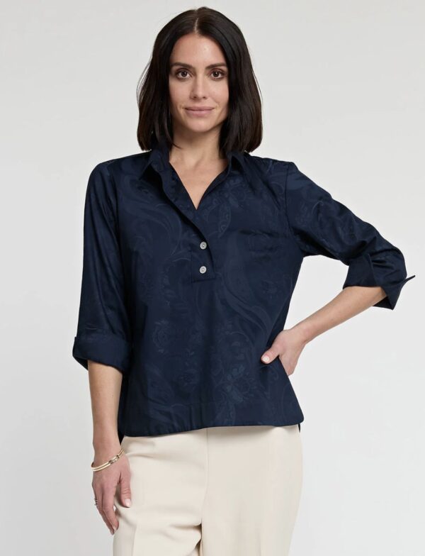 Hinson Wu Aileen 3/4 Sleeve Paisley Jacquard Pattern Top Navy