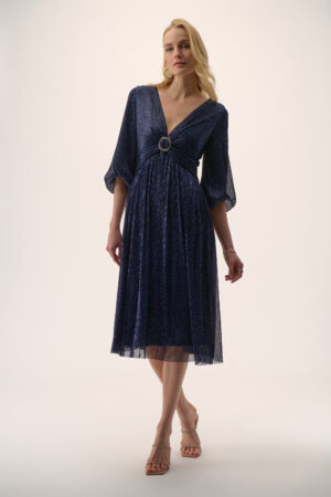 Joseph Ribkoff Sparkle Mesh Plissé Fit and Flare Midi Dress Style 254735 (FINAL SALE)