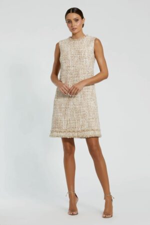 Mac Duggal Beige Beaded Trim A-Line Mini Shift Dress (FINAL SALE)