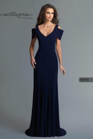 Saboroma Cold-Shoulder V-Neck Evening Gown in Navy | Style 99773 | - FINAL SALE