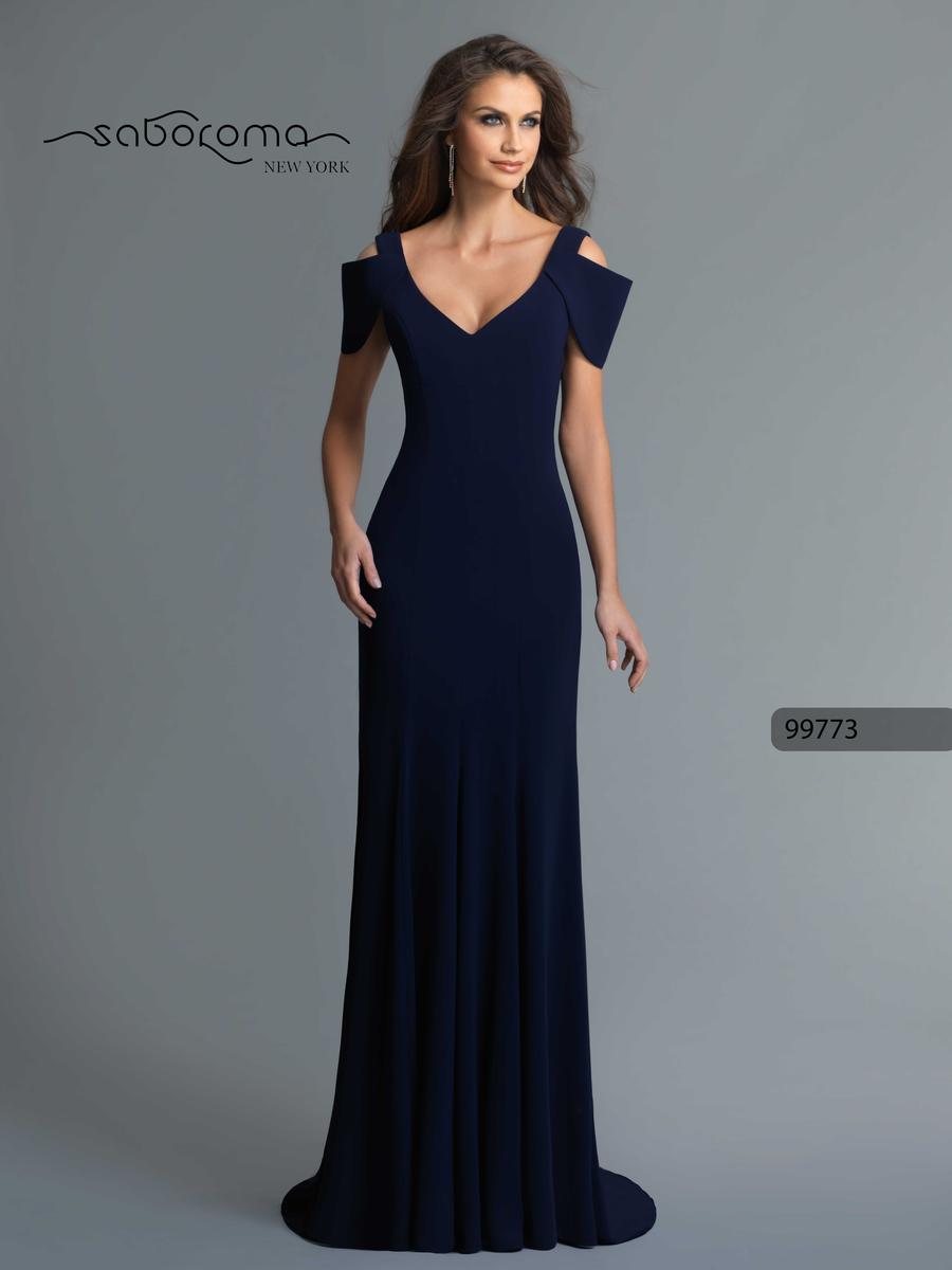 Saboroma Cold-Shoulder V-Neck Evening Gown in Navy | Style 99773 | - FINAL SALE