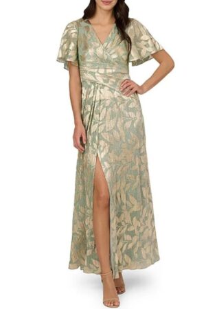 Adrianna Papell Foiled Leaf Print Surplice V-Neck Short Flutter Sleeve Gown | sage/gold - FINAL SALE