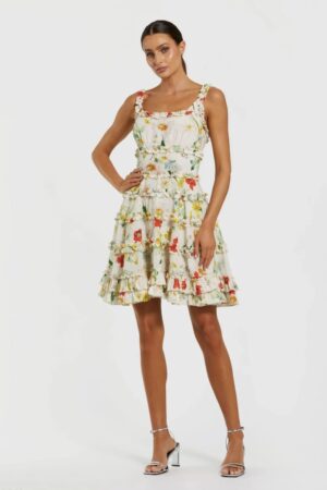 Mac Duggal Ivory Floral Square Neck Ruffle Mini Dress | Style 8257 - FINAL SALE