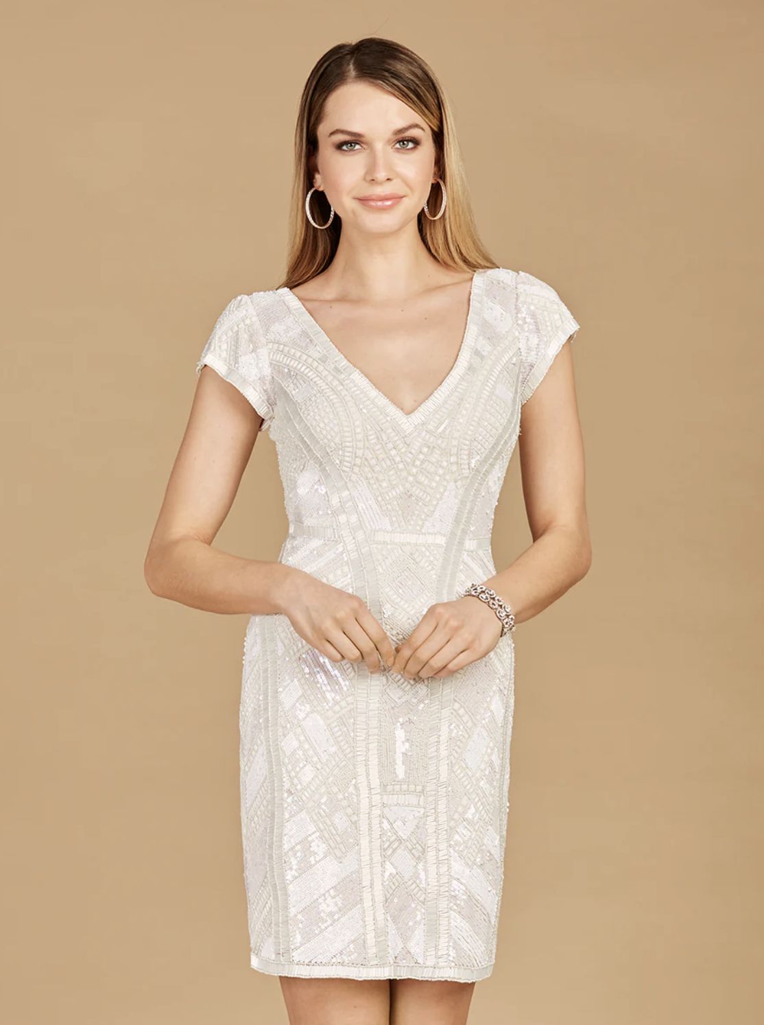 Lara V-neck Beaded Bridal Mini With Cap Sleeves | Style 51115 - FINAL SALE