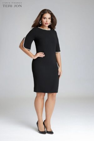 Teri Jon Short Sleeve Pearl Trim Crepe Sheath Dress | Style 9907BLK - FINAL SALE