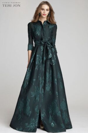 Teri Jon Metallic Jacquard Shirtdress Gown With Floral Print | Emerald | 207015EME - FINAL SALE