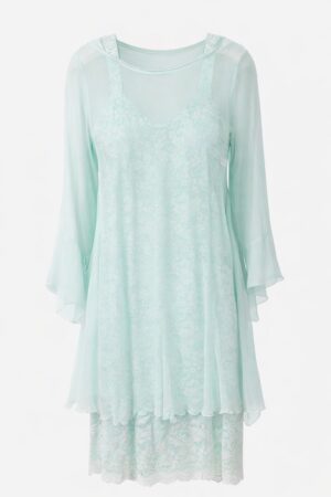 Sara Mique Lace Sheath Dress with Chiffon Overlay in Aquamarine | Style #T1501-D681 - FINAL SALE