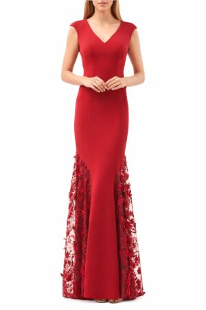 Carmen Marc Valvo Infusion Embellished Crepe Gown with Cap Sleeves and 3D Floral Appliques | Style 661805 - FINAL SALE