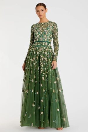 Mac Duggal Green Embellished High Neck Long Sleeve A Line Gown | Style 5533 - FINAL SALE