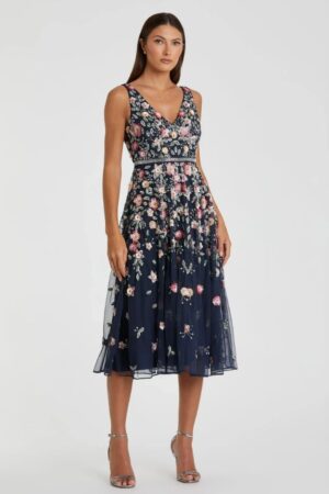Mac Duggal Navy V-Neck Sleeveless Midi Floral Beaded A-line Dress | Style #5527 - FINAL SALE