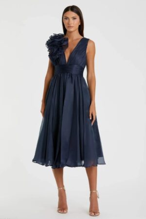 Mac Duggal Navy Sleeveless Chiffon A-Line Tea Length Cocktail Dress | Style #49494 - FINAL SALE