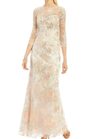 Aidan Mattox Sheer Embroidered Lace Gown in Blush Multi | Style MD1E201009 - FINAL SALE