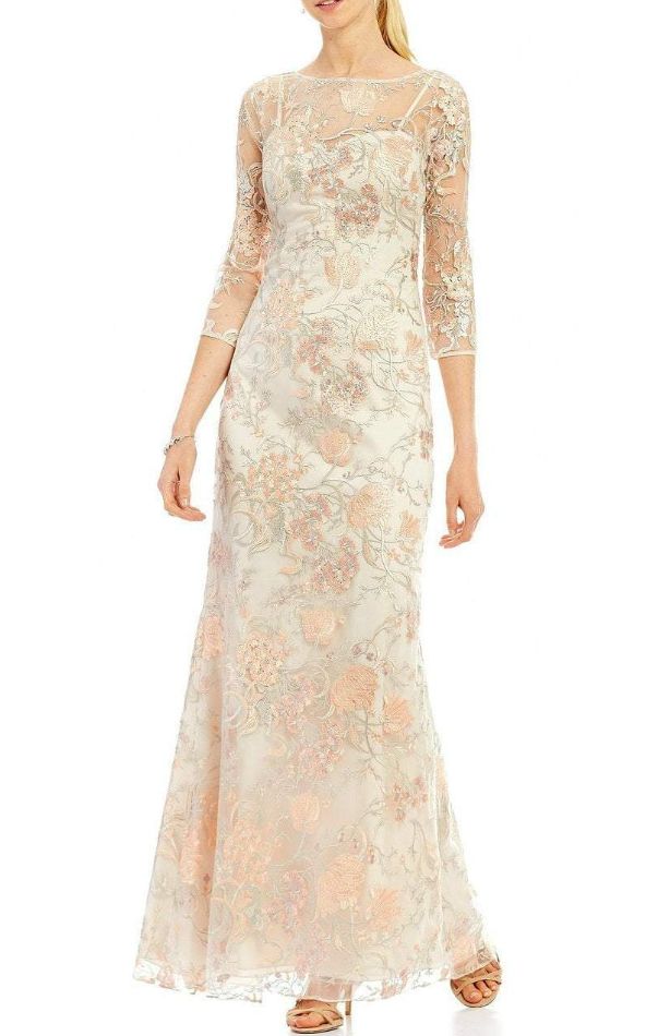 Aidan Mattox Sheer Embroidered Lace Gown in Blush Multi | Style MD1E201009 - FINAL SALE