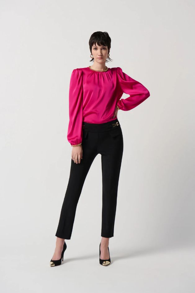 Joseph Ribkoff Shocking Pink Satin Puff Sleeve Top With Gold Chain | Style 234934 - FINAL SALE - Image 2