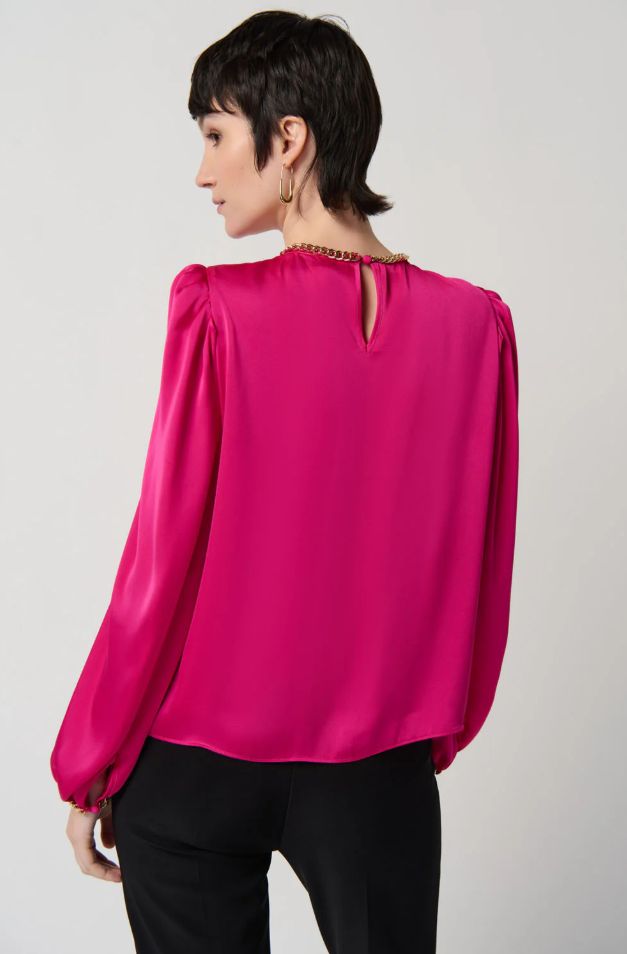 Joseph Ribkoff Shocking Pink Satin Puff Sleeve Top With Gold Chain | Style 234934 - FINAL SALE - Image 4