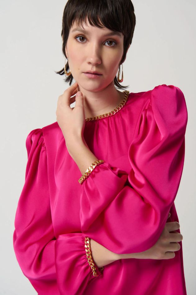 Joseph Ribkoff Shocking Pink Satin Puff Sleeve Top With Gold Chain | Style 234934 - FINAL SALE - Image 5