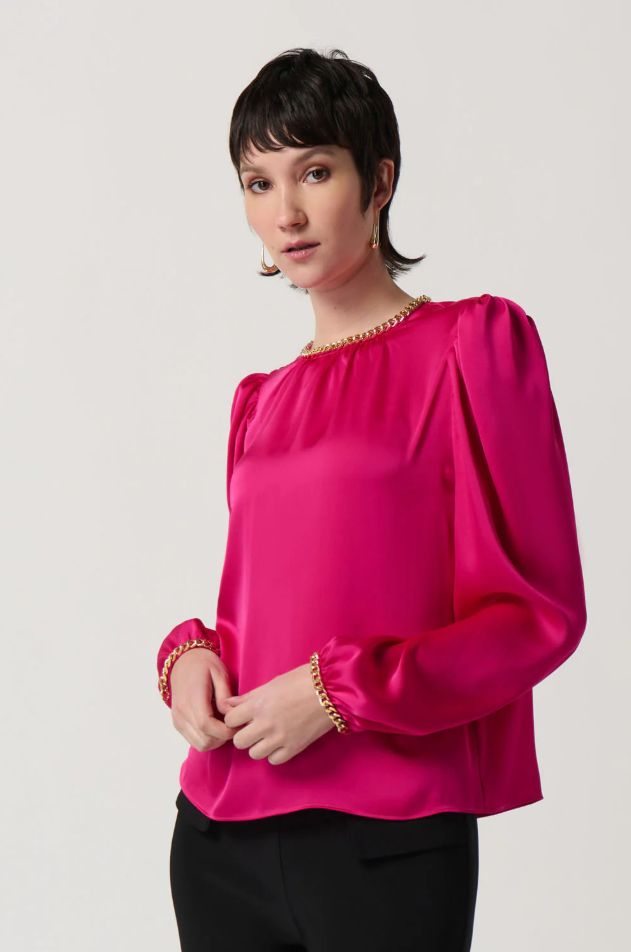 Joseph Ribkoff Shocking Pink Satin Puff Sleeve Top With Gold Chain | Style 234934 - FINAL SALE
