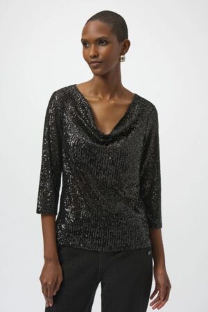 Joseph Ribkoff Sequined Knit and Silky Knit Straight Top | Style 254137 - FINAL SALE
