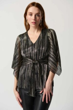 Joseph Ribkoff Black/Gold Pleated Foil Knit Top With Shirred Waist And Sash | Style 234222 - FINAL SALE