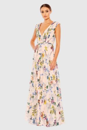 Mac Duggal Pink Multicolor Pleated Floral Cap Sleeve A Line Gown | Style 55829 - FINAL SALE