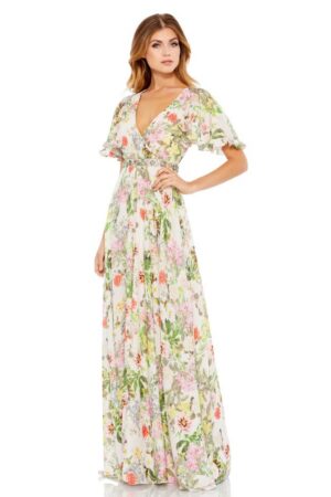 Mac Duggal Flutter Sleeve Gown in Floral Multi | Style 9079 - FINAL SALE