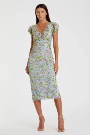 Mac Duggal Blue Floral Sequin Embellished Flutter Cap Sleeve Dress | Style 5722 - FINAL SALE