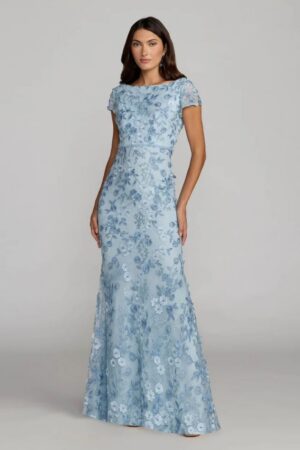 Mac Duggal Blue Floral Applique Boat Neck Cap Sleeve Gown | Style 67711