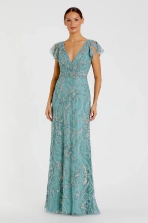 Mac Duggal Blue V Neck Flutter Sleeve Embroidered Lace Gown | Style 68914