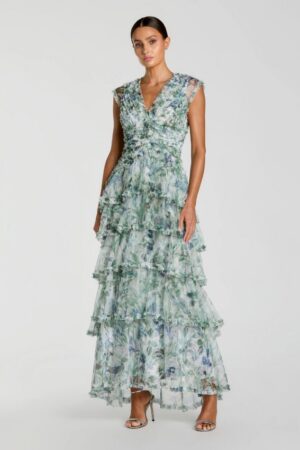 Mac Duggal Blue Floral V Neck Tiered Ruffle Maxi Dress | Blue Multi | Style 8423