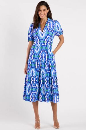 Jude Connally Portia Dress Jude Cloth in Butterfly Tile Cobalt