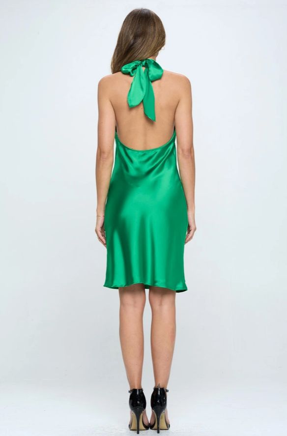 Satin Criss Cross Neck Dress with Open Back in Green - Image 4