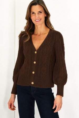 Duffield Lane Cotton Chloe Cable Knit Cardigan | in Chocolate & Ivory