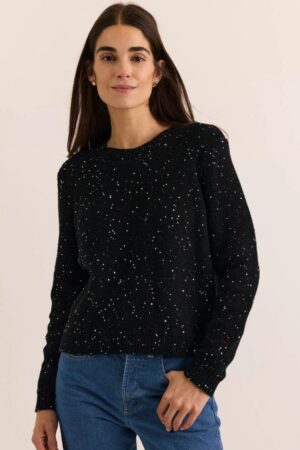 Hinson Wu Queenie Long Sleeve Sequins Cotton Sweater | Black & Pearl White