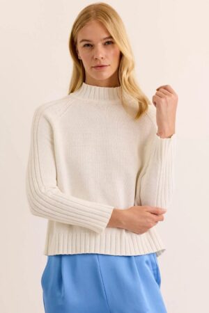 Hinson Wu Salina Long Sleeve Mock Neck Cotton Sweater | Pearl White & Olive